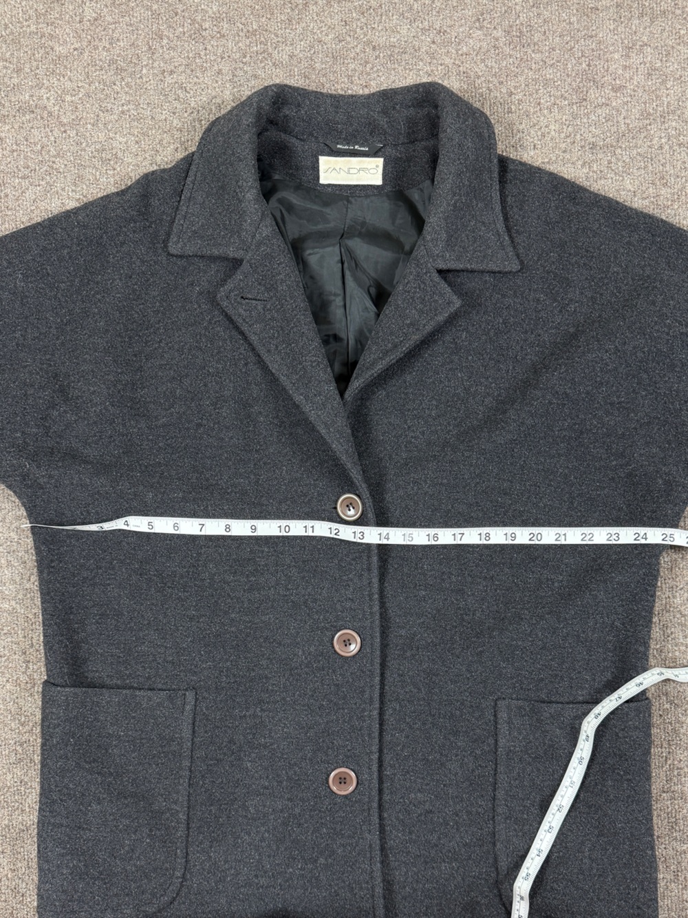 Vintage Sandro Grey Wool Mid Length Single Breasted Coat Womens 14 Drop Shoulder - Picture 7 of 7